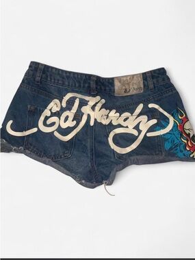 Ed Hardy Dark Blue Denim Shorts with White Logo and Multicolor Flame